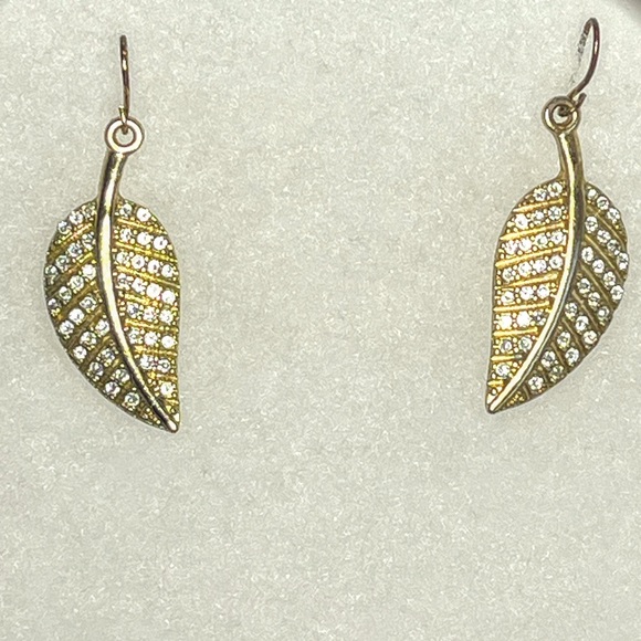 Gold Tone Rhinestone Leaf Shaped Hook Dangle Earrings - Picture 1 of 5